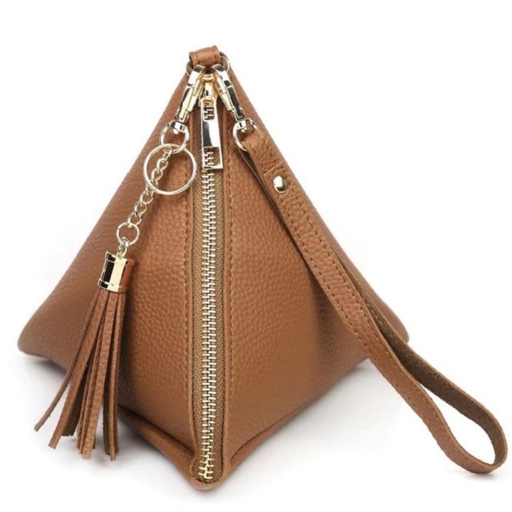Pyramid Shape Tassel Wristlet Bag, Camel